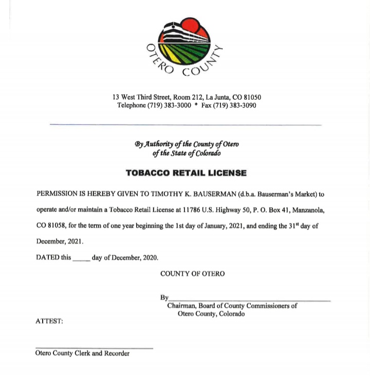 Otero County Commissioners Tobacco License Bausermans Market seconews.org 