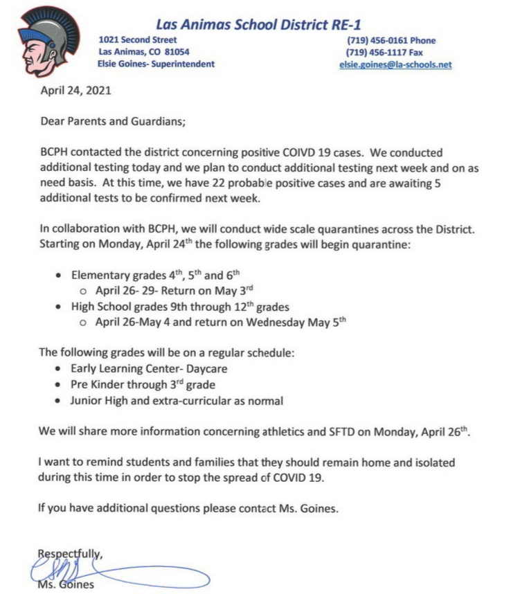 Las Animas Schools COVID-19 Letter SECO News seconews.org 