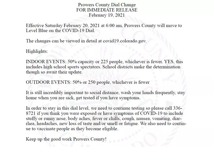 Prowers County Public Health Covid Level Blue seconews.org 