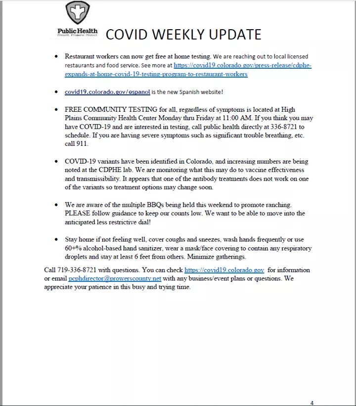 Prowers County Public Health Covid Update seconews.org 