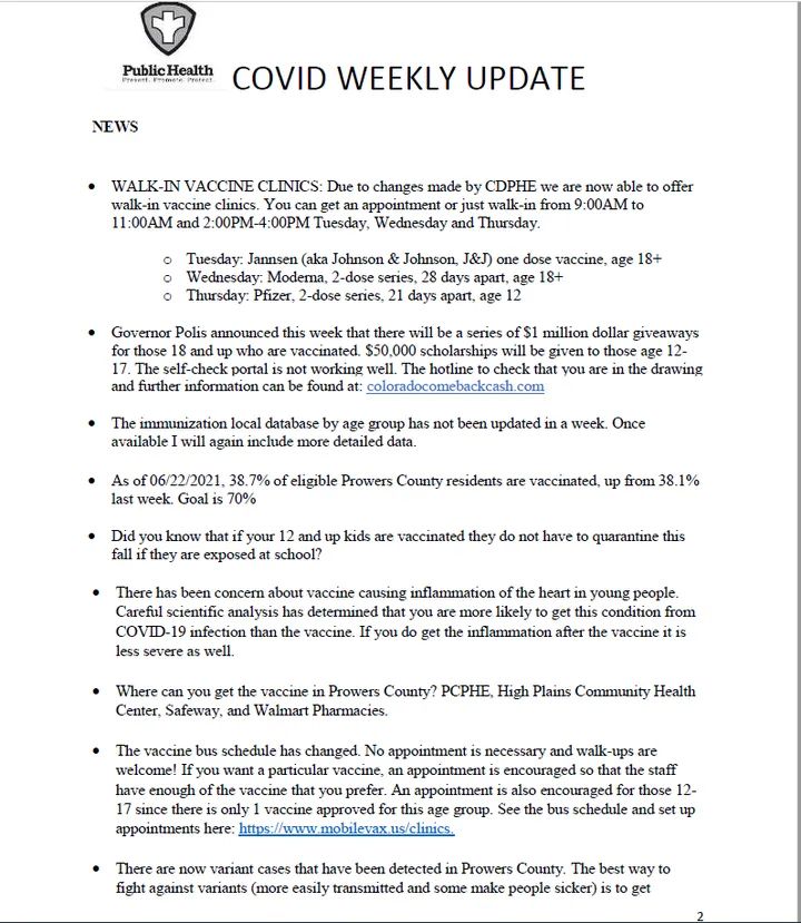 Prowers County Public Health COVID-19 Update June 24 2021